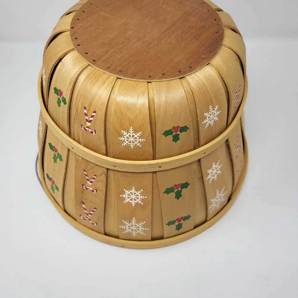 Christmas Holly Snowflake Candy Cane‎ Wooden Round Bucket Basket Bushel